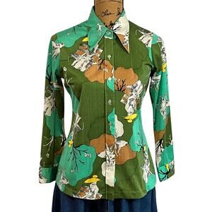 1970s Esterina Lucky Co Art Nouveau Button Up Novelty Print Blouse Women’s S